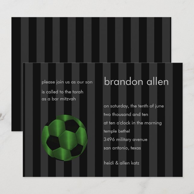 Convites Bar Mitzvah Emerald Green e Black Soccer Ball (Frente/Verso)