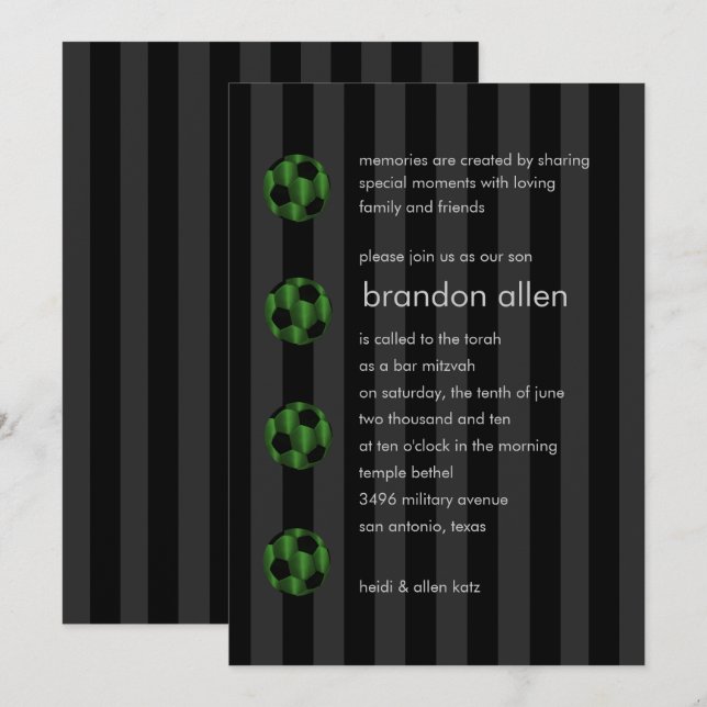 Convites Bar Mitzvah Emerald Green e Black Soccer Ball (Frente/Verso)