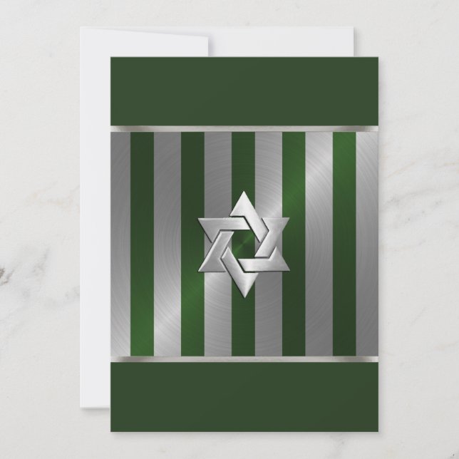 Convites Bar Mitzvah Emerald Green e Silver Stripe (Frente)