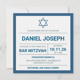 Convites Bar Mitzvah enquadrado com azul de estrela judia