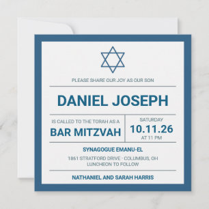 Convites Bar Mitzvah enquadrado com azul de estrela judia