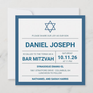 Convites Bar Mitzvah enquadrado com azul de estrela judia