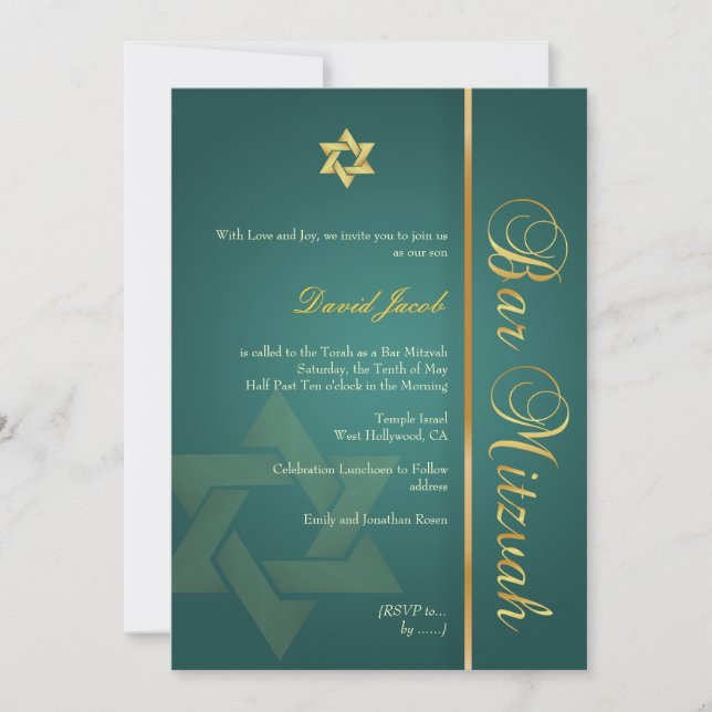 Convites Bar Mitzvah/esmerald verde/ouro (Frente)