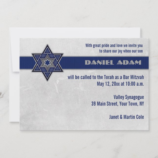 Convites Bar Mitzvah, Estrela Azul, com Faixa Superior (Frente)