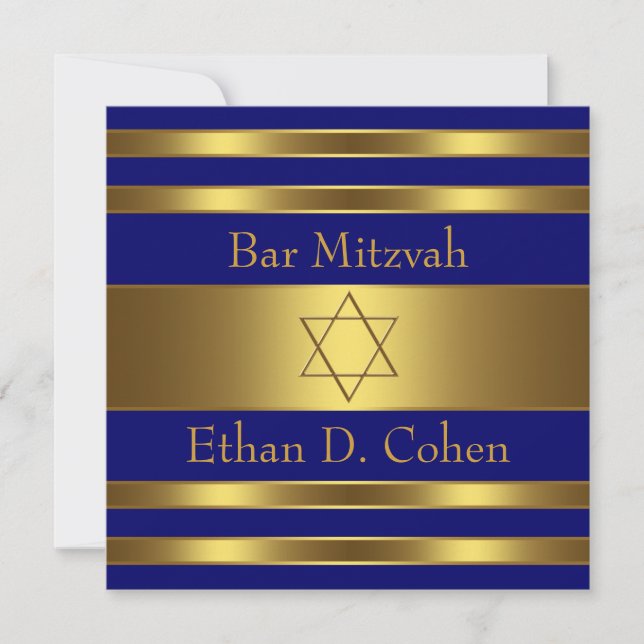Convites Bar Mitzvah Estrela de Davi Dourada Azul Marinho (Frente)