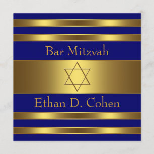 Convites Bar Mitzvah Estrela de Davi Dourada Azul Marinho