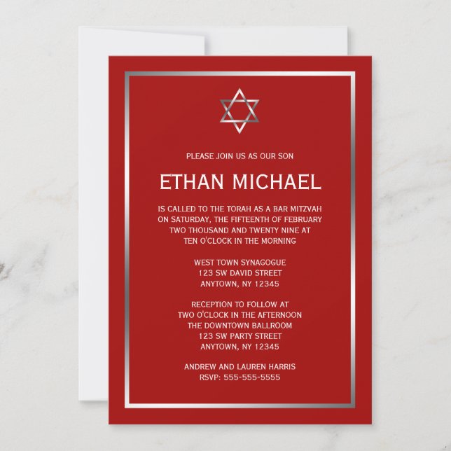 Convites Bar Mitzvah Estrela de Davi Prata Vermelh (Frente)