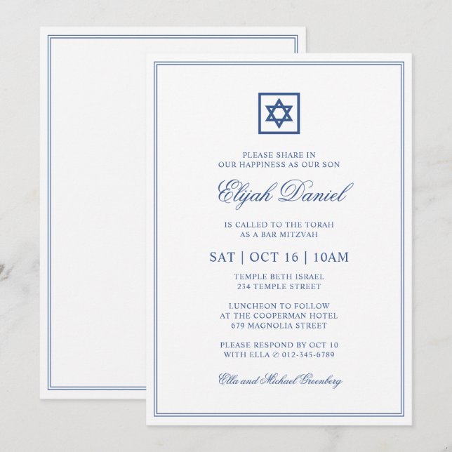 Convites Bar Mitzvah Estrela de David Elegante Clássico Azu (Frente/Verso)