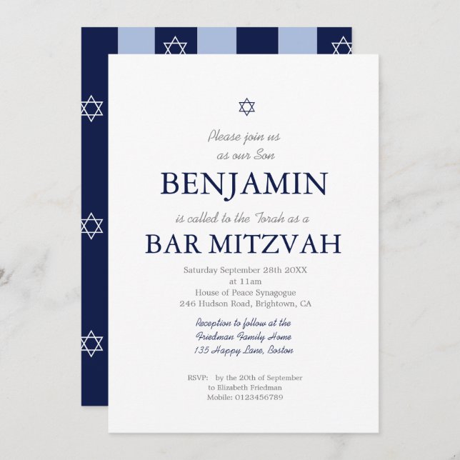 Convites Bar Mitzvah Estrela de David Jewish Blue Stripe In (Frente/Verso)