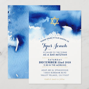 Convites BAR MITZVAH - estrela dourada - na moda - cor azul