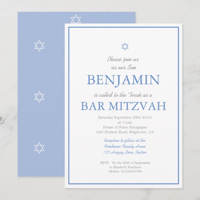 Convites Bar Mitzvah Estrela Elegante Simples de David Jude (Frente/Verso)