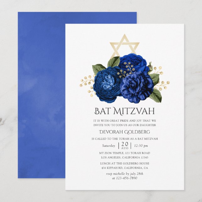 Convites Bar Mitzvah Floral Azul Real e Dourado (Frente/Verso)