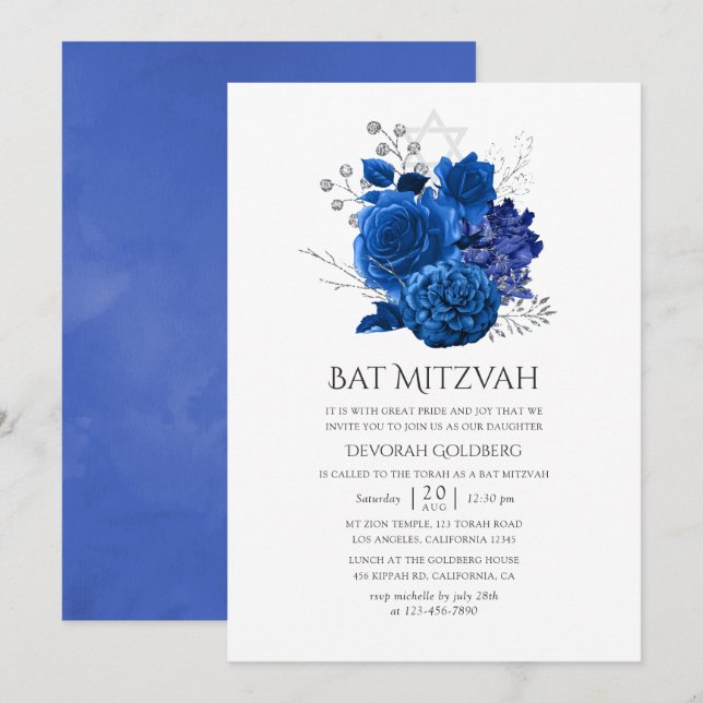 Convites Bar Mitzvah Floral Azul Real e Prata (Frente/Verso)