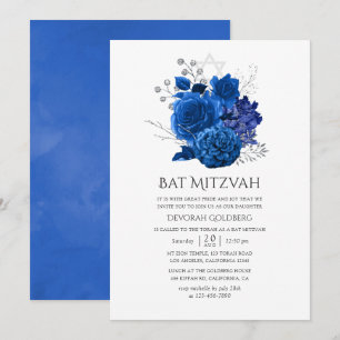 Convites Bar Mitzvah Floral Azul Real e Prata