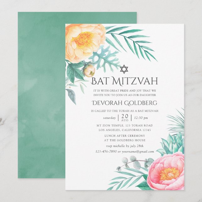 Convites Bar Mitzvah Floral de Menta Tropical de Verão (Frente/Verso)