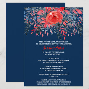 Convites Bar Mitzvah Floral em Aquarela em Azul Jeans e Ros