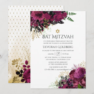 Convites Bar Mitzvah Floral Vintage Burgundy-Marsala & Dour