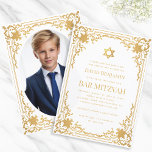 Convites Bar Mitzvah Foto Faux Dourado Star Vintage Elegant<br><div class="desc">Este elegante bar mitzvah convite com ar vintage tem uma falso estrutura de folha de ouro ornamentado com decorações barrocas elegantes. Acima do texto há uma estrela de David, também em ouro falso. Todo texto pode ser personalizado e tem uma cor de ouro semelhante à do quadro dourado. O fundo...</div>