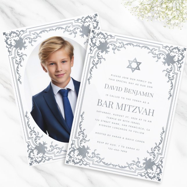 Convites Bar Mitzvah Foto Faux Estrela Prata Rebuscada Orna (Criador carregado)