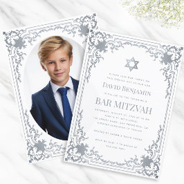Convites Bar Mitzvah Foto Faux Silver Star Elegante Ornamen