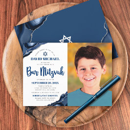 Convites Bar Mitzvah Foto Moderno Marinho Blue Agate Script
