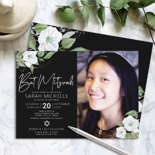 Convites Bar Mitzvah Foto Preta Prata Floral Aquarela