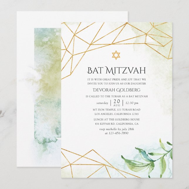 Convites Bar Mitzvah Geométrico Aquarela (Frente/Verso)