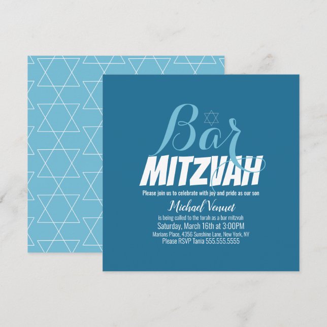 Convites Bar Mitzvah Geométrico Azul Branco (Frente/Verso)