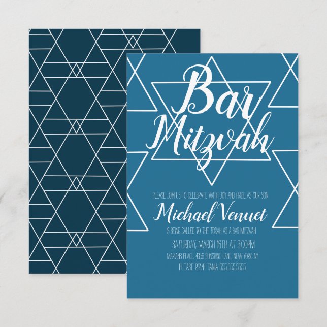 Convites Bar Mitzvah Geométrico Azul e Branco (Frente/Verso)