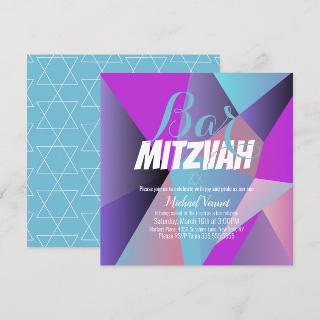 Convites Bar Mitzvah Geométrico Neon Azul e Branco (Frente/Verso)