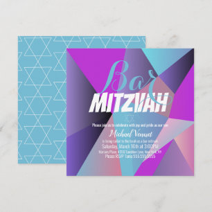 Convites Bar Mitzvah Geométrico Neon Azul e Branco