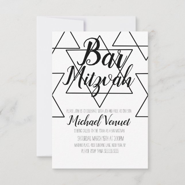 Convites Bar Mitzvah Geométrico Preto e Branco (Frente)