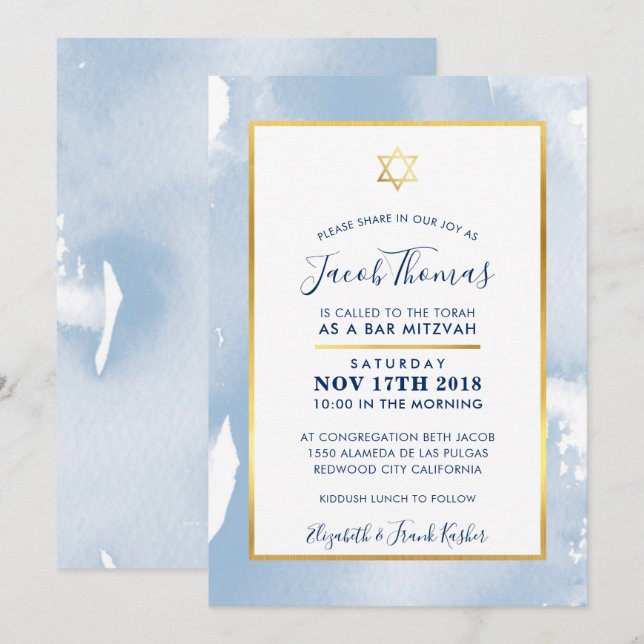 Convites BAR MITZVAH Gold Star smart blue watercolor convit (Frente/Verso)