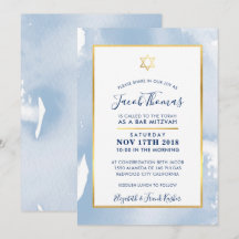 BAR MITZVAH Gold Star smart blue watercolor convit