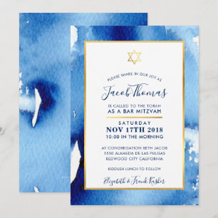 Convites BAR MITZVAH Gold Star smart blue watercolor convit