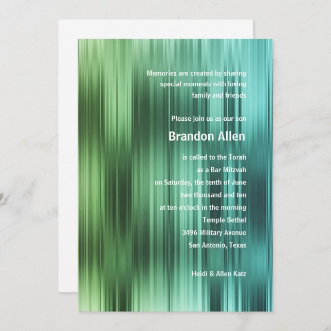 Convites Bar Mitzvah Green Blue Stripes (Frente/Verso)