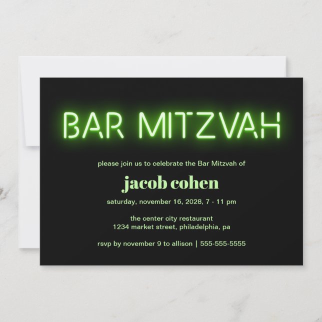 Convites Bar Mitzvah Green Neon Lights (Frente)