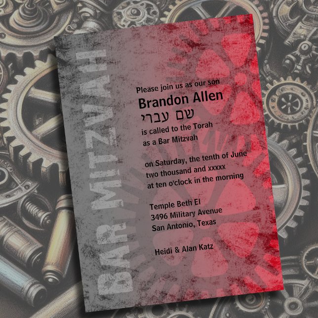 Convites Bar Mitzvah Grunge Industrial Vermelho (Criador carregado)