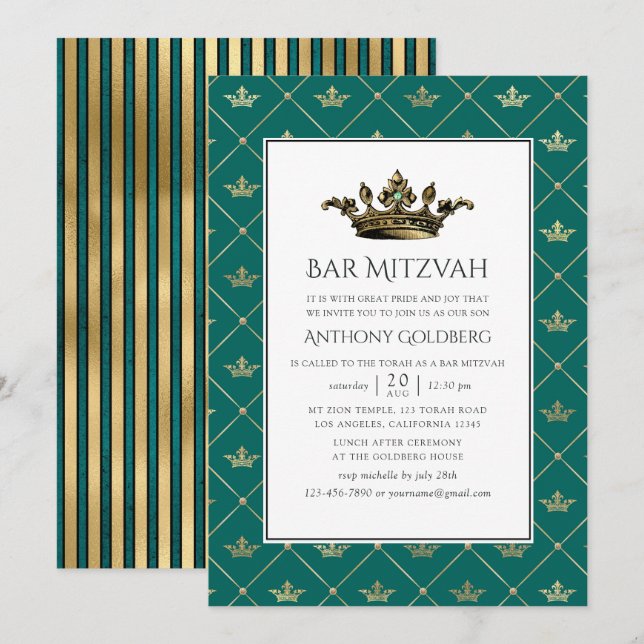 Convites Bar Mitzvah Heráldico em Azul e Dourado (Frente/Verso)