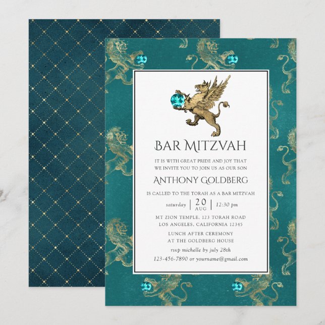 Convites Bar Mitzvah Heráldico em Azul e Dourado (Frente/Verso)