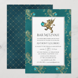 Convites Bar Mitzvah Heráldico em Azul e Dourado