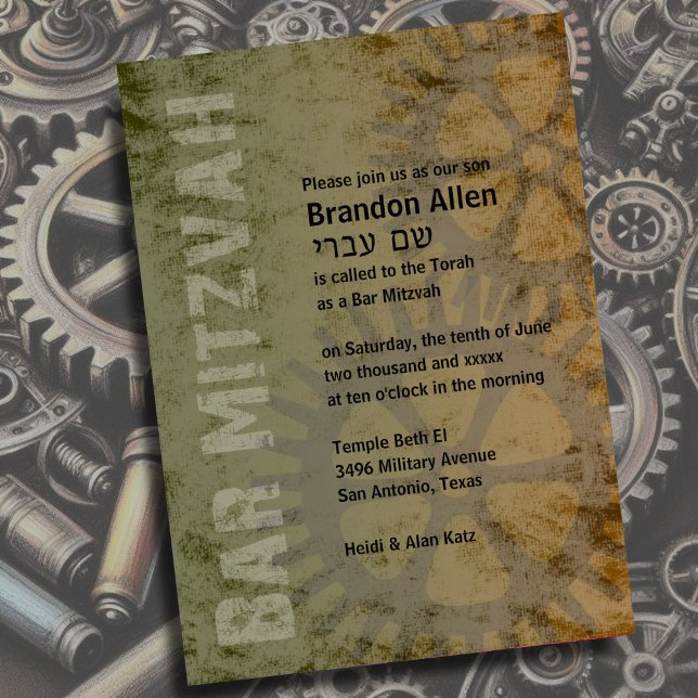 Convites Bar Mitzvah Industrial Grunge Brown Verde (Criador carregado)