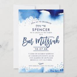 Convites BAR MITZVAH INVITE, cor azul-d-água com letra manu