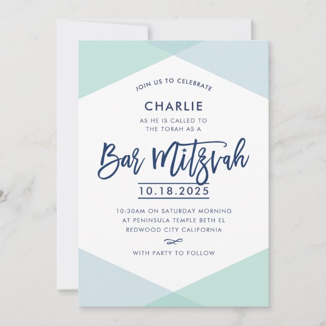Convites BAR MITZVAH INVITE marinho azul-menta com letra ma (Frente)