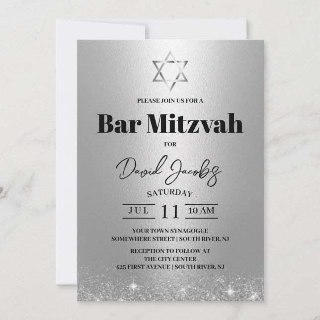 Convites Bar Mitzvah Jewish Star de David Modern Silver (Frente)