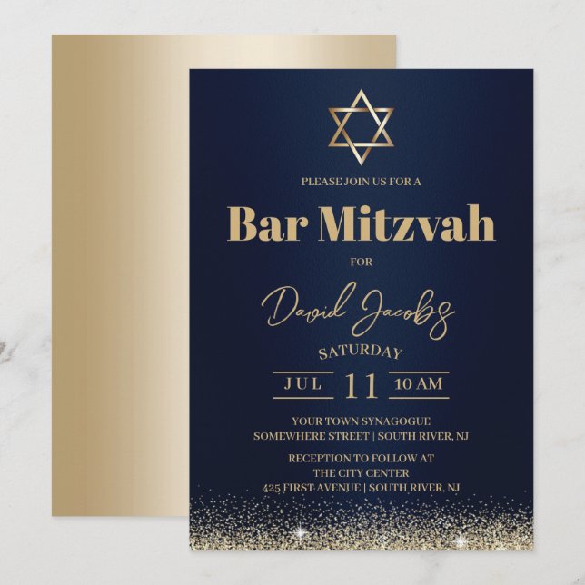 Convites Bar Mitzvah Judaico Azul Marinho Moderno & Dourado (Frente/Verso)