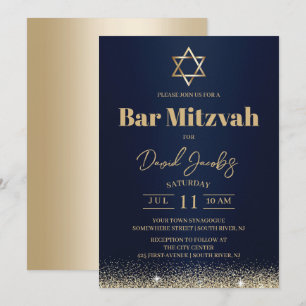 Convites Bar Mitzvah Judaico Moderno Azul Marinho & Dourado