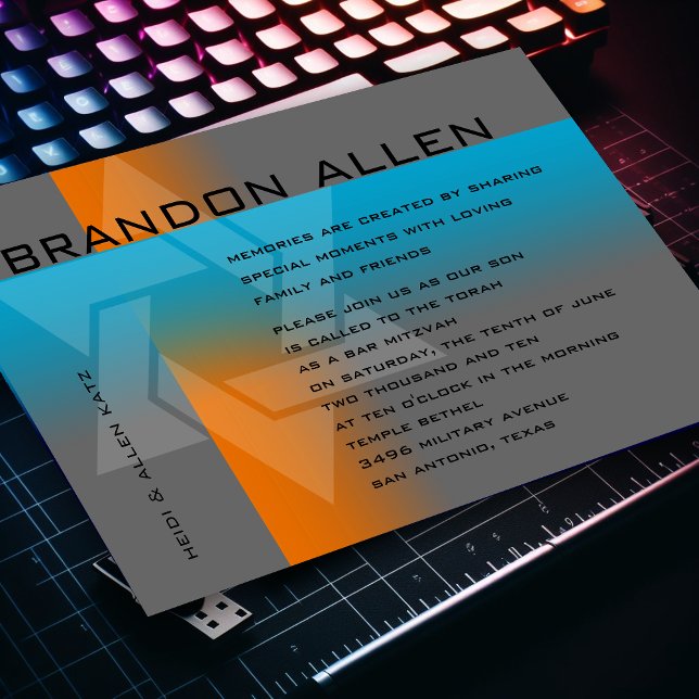 Convites Bar Mitzvah Laranja e Turquesa em Qualquer Cor (Criador carregado)