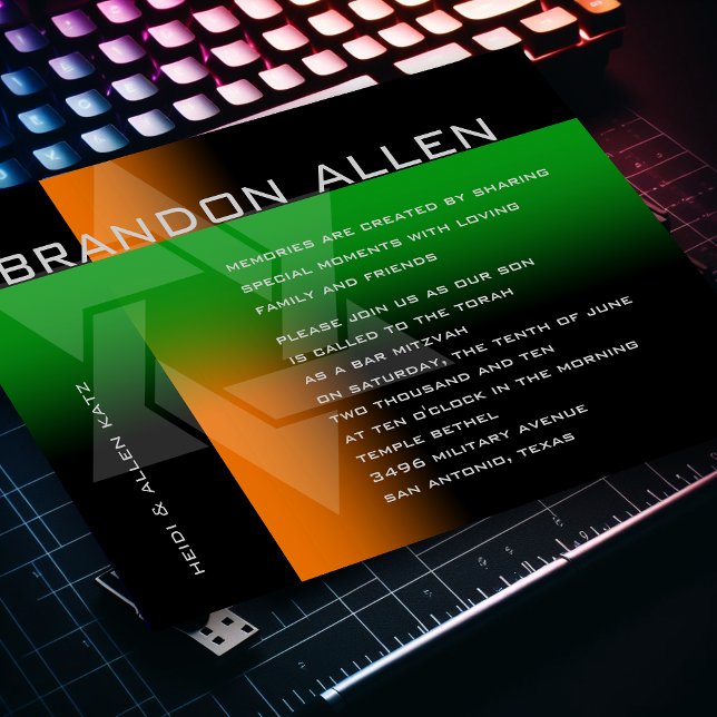 Convites Bar Mitzvah Laranja e Verde em Qualquer Cor (Criador carregado)