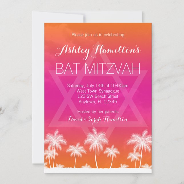 Convites Bar Mitzvah Laranja Tropical Rosa (Frente)
